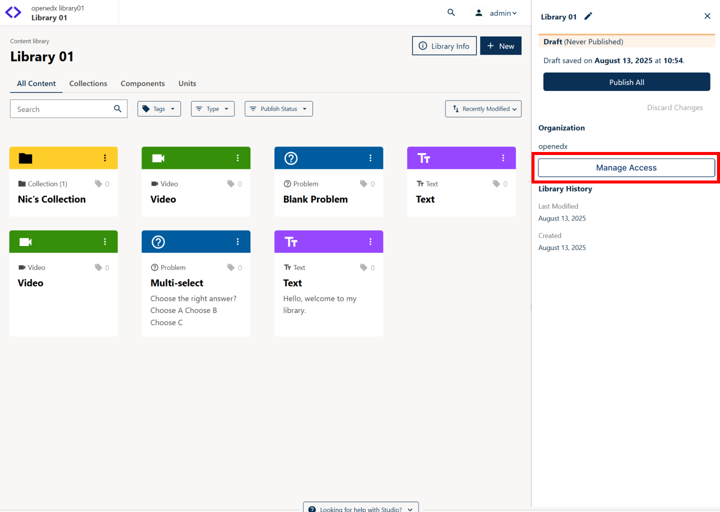A Library in Studio, with the right tray open. The Manage Access button is highlighted