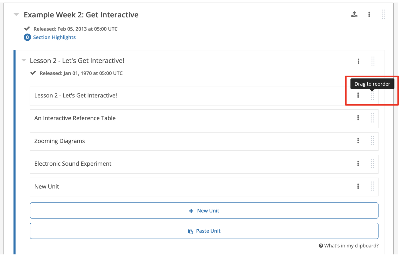 Units can be reordered within a subsection by visiting the Course Outline page and dragging the unit to its desired location