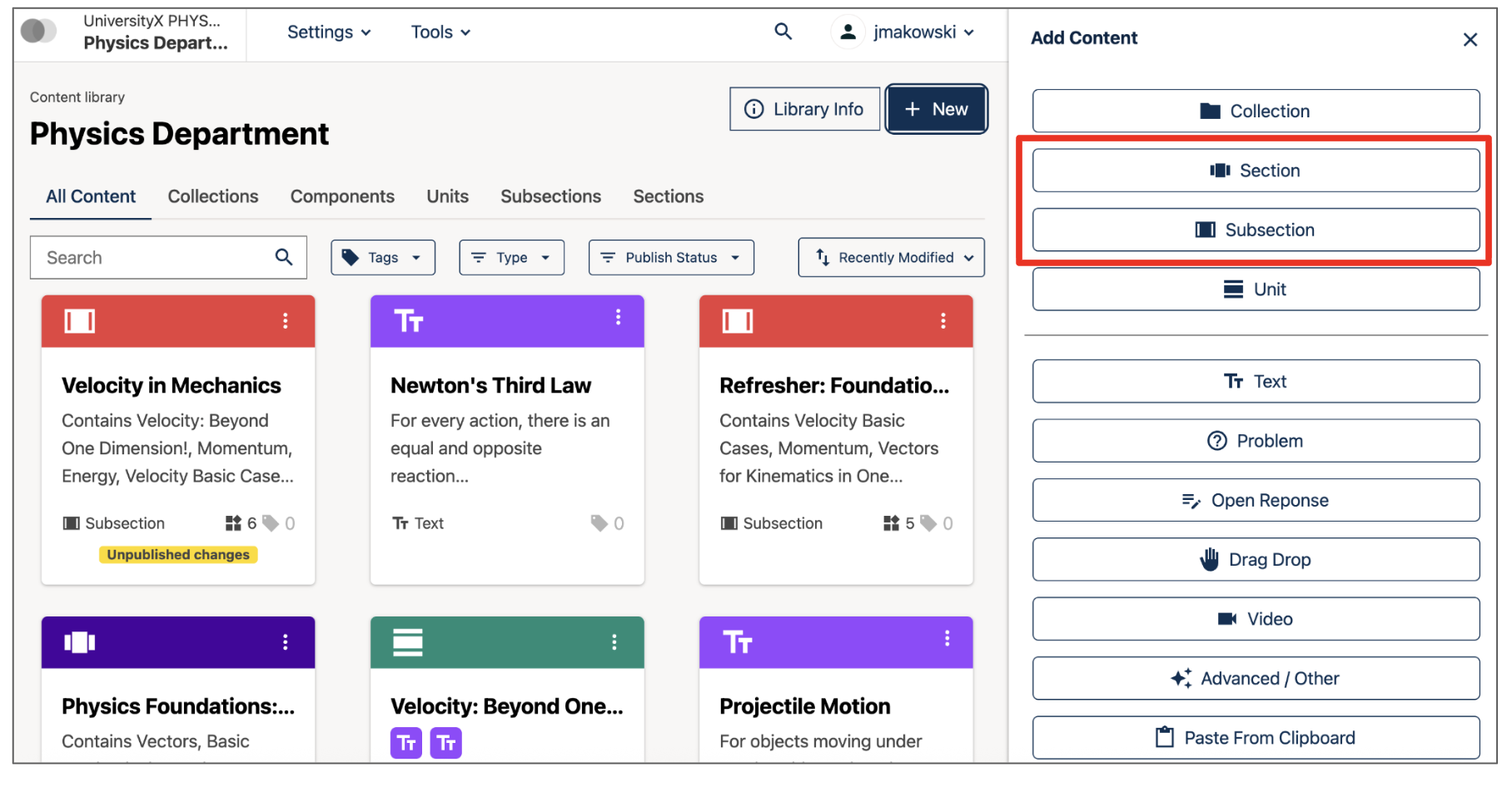 The Add Content right-hand sidebar on a Library page, with the Section and Subsection buttons highlighted