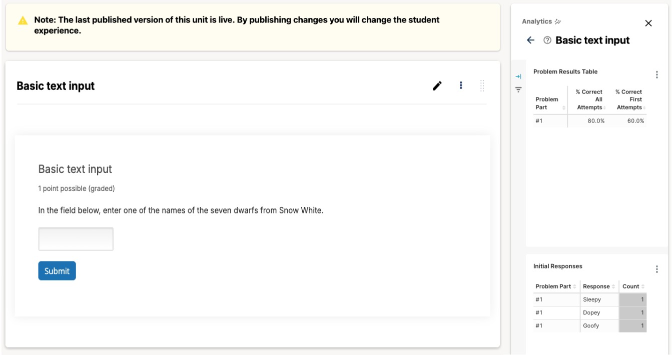 A screenshot of the unit level analytics sidebar, showing the percentage of correct attempts and correct first attempts for a text input component