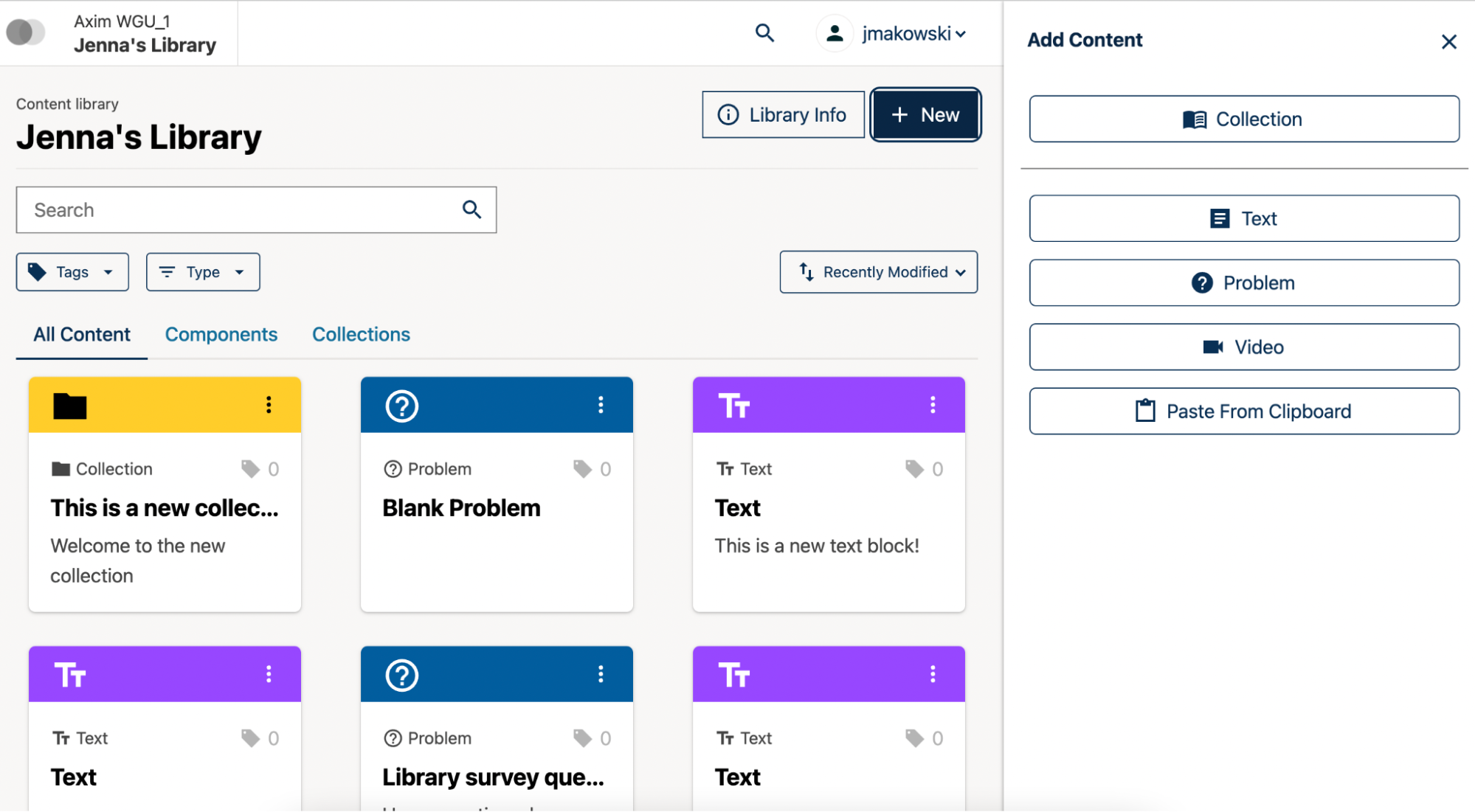 A screenshot of the Library homepage, showing content cards for each component (text, problem, or Collection)