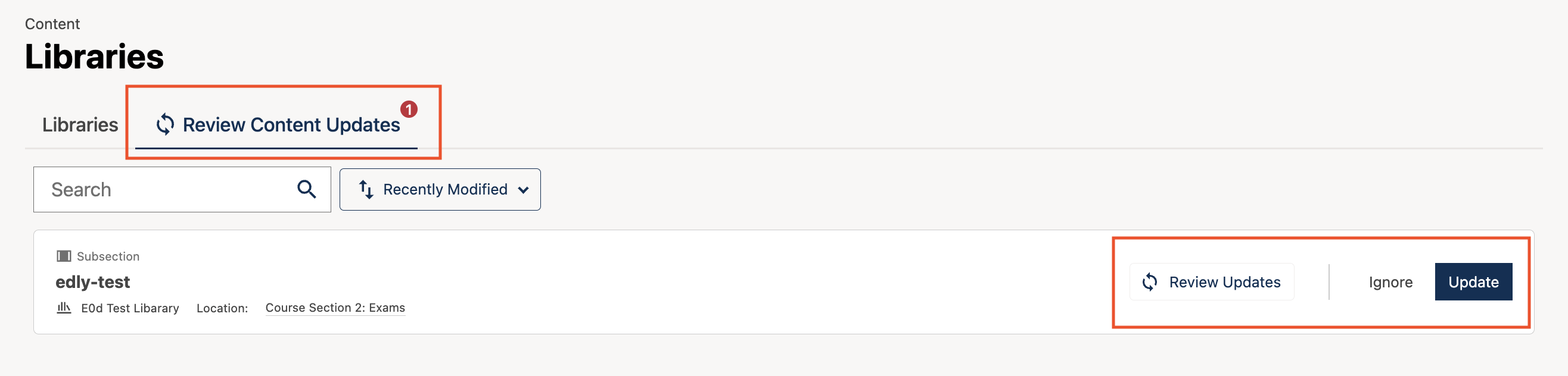 On the Library page, there are two tabs: Libraries (which show which libraries are used in the course) and Review Content Updates. In this screenshot, Review Content Updates is selected, and the notification dot indicates there is 1 change to sync.