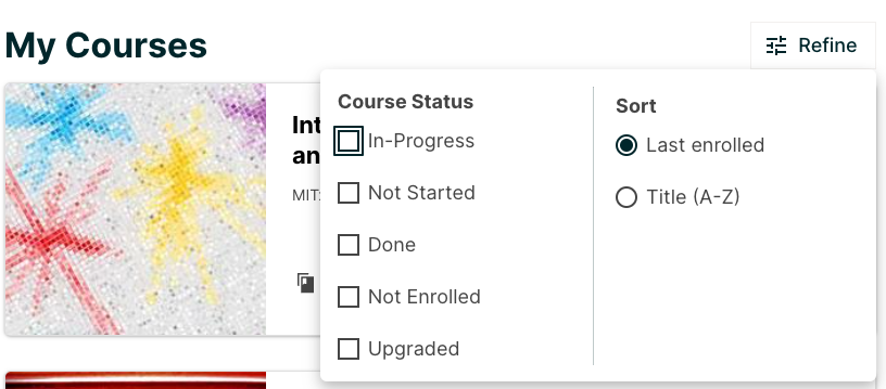 The Refine pop-up with Course State and Sort options